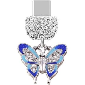 ELISE & FONDA TP228 Type-C USB Charging Port Crystal Anti Dust Plug Little Butterfly Cell Phone Charm for Samsung Galaxy/Huawei/OnePlus/Xiaomi/oppo Android Phones (Blue)