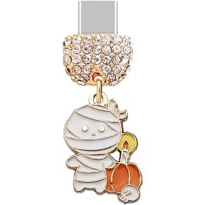 ELISE & FONDA TP285 Type-C USB Charging Port Crystal Anti Dust Plug Mummy with Pumpkin Cell Phone Charm for Samsung/Huawei/OnePlus/Xiaomi/oppo Android Phones (White)