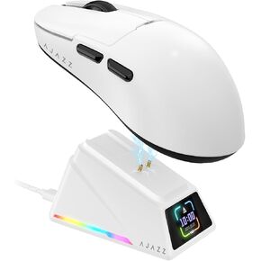 A.JAZZ AJ159APEX 8Khz Wireless Gaming Mouse Ultralight 56g with Magnetic Screen Charging Dock 42000DPI PAW3950 Sensor Tri Mode BT/2.4Ghz/Type-c Wired Programmable for Esport FPS PC Mac Gamer(White)