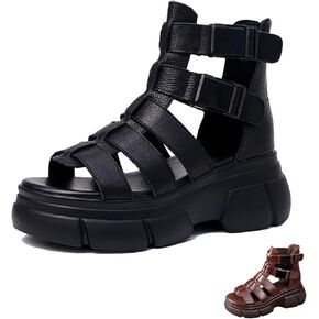 Women's Leather Platform Gladiator Sandals with Back Zipper, Open Toe Non-slip High-Top Fisherman Sandals Comfortable Chunky Dress Party Roman Shoes