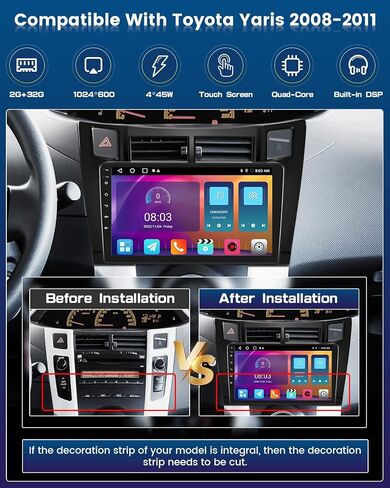 Roinvou 2+32G Android CarPlay Stereo لـ 2006-2011 Toyota Yaris، شاشة لمس 9 بوصات داخل لوحة القيادة GPS مع نظام CarPlay لاسلكي مدمج Android Auto Support Mirror Link BT RDS AHD DSP in Saudi Arabia