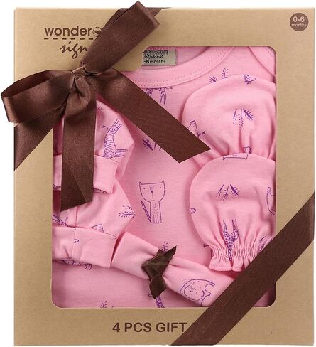 Newborn Baby Gift Set for Baby Showers - 4pc 0-6 Months Baby Clothes Gift Set for Girls. Baby Bodysuit, Mittens, Booties and Washcloth Included. (Pink) in Saudi Arabia
