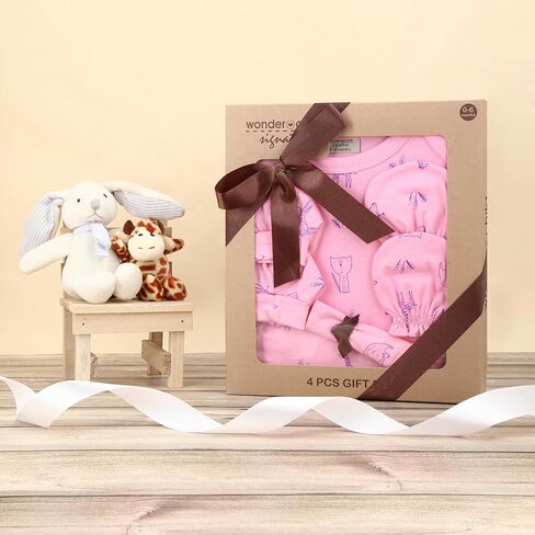 Newborn Baby Gift Set for Baby Showers - 4pc 0-6 Months Baby Clothes Gift Set for Girls. Baby Bodysuit, Mittens, Booties and Washcloth Included. (Pink) in Saudi Arabia