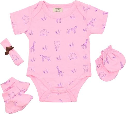 Newborn Baby Gift Set for Baby Showers - 4pc 0-6 Months Baby Clothes Gift Set for Girls. Baby Bodysuit, Mittens, Booties and Washcloth Included. (Pink) in Saudi Arabia