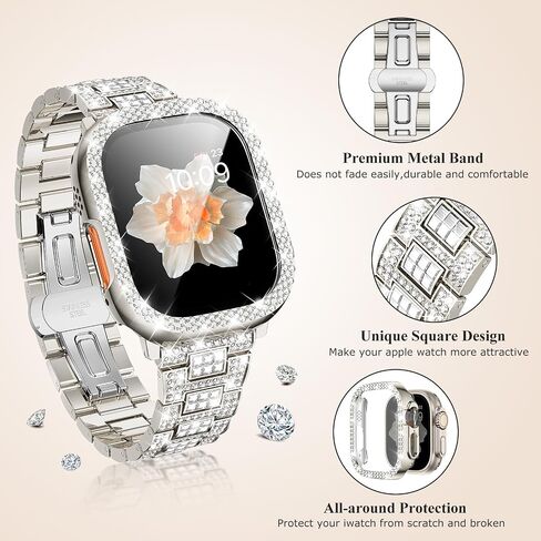Dsytom Bling Stylish Bands Compatible with Apple Watch Band 45mm 44mm 42mm 41mm 40mm 38mm for Women, Cute Metal Jewelry Wristband Strap with Protective Case for iWatch Band Series 9 8 7 6 5 4 3 2 1 SE SE2 in Saudi Arabia
