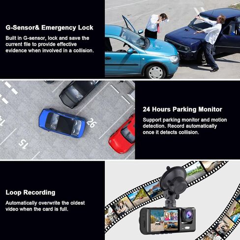 3 Channel Dash Camera Front and Rear Inside,1080P HD Car DVR Dash Cam Video Recorder,Built-in Super Night Vision,G Sensor Motion Detection,WDR,24H Parking Mode,Loop Recording-Black in Saudi Arabia