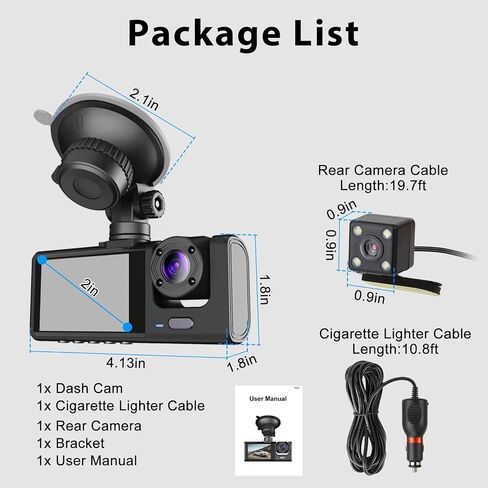 3 Channel Dash Camera Front and Rear Inside,1080P HD Car DVR Dash Cam Video Recorder,Built-in Super Night Vision,G Sensor Motion Detection,WDR,24H Parking Mode,Loop Recording-Black in Saudi Arabia