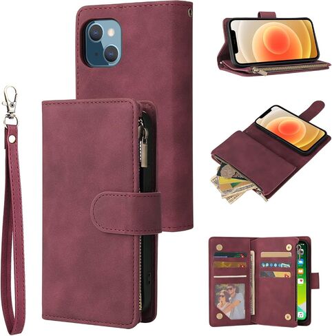 RANYOK Wallet Case for iPhone 14 (6.1 inch) with RFID Blocking Credit Card Holder, Premium PU Leather Zipper Pocket Flip Folio Case Wallet with Wrist Strap Kickstand Protective Case (Wine Red) in Saudi Arabia