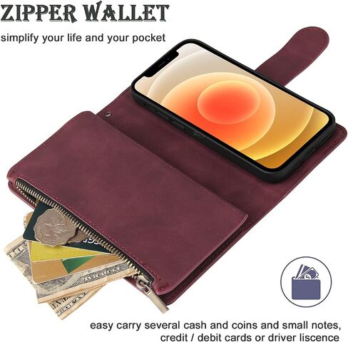 RANYOK Wallet Case for iPhone 14 (6.1 inch) with RFID Blocking Credit Card Holder, Premium PU Leather Zipper Pocket Flip Folio Case Wallet with Wrist Strap Kickstand Protective Case (Wine Red) in Saudi Arabia