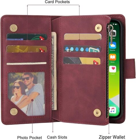 RANYOK Wallet Case for iPhone 14 (6.1 inch) with RFID Blocking Credit Card Holder, Premium PU Leather Zipper Pocket Flip Folio Case Wallet with Wrist Strap Kickstand Protective Case (Wine Red) in Saudi Arabia