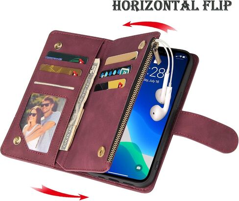 RANYOK Wallet Case for iPhone 14 (6.1 inch) with RFID Blocking Credit Card Holder, Premium PU Leather Zipper Pocket Flip Folio Case Wallet with Wrist Strap Kickstand Protective Case (Wine Red) in Saudi Arabia