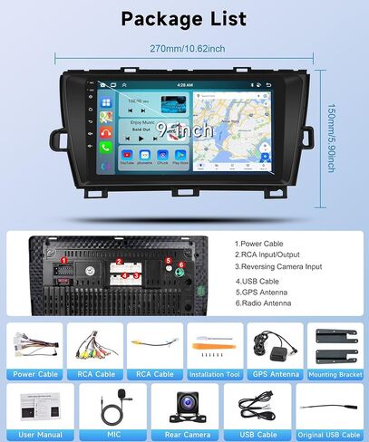 [8Core 4+64G]- for Toyota Prius 2010-2015 Android Car Stereo with Wireless Carplay Android Auto, 9" HD 1280 * 720P IPS Touchscreen Car Radio with GPS WiFi DSP Audio Bluetooth 5.0 SWC Backup Camera in Saudi Arabia
