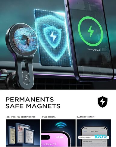 LISEN for MagSafe شاحن سيارة لهاتف iPhone 15، شاحن لاسلكي 15 وات لملحقات سيارة iPhone مع حامل هاتف مغناطيسي، شاحن سيارة يناسب iPhone 15 Pro Max Plus Mini 14 13 12، أزرق in Kuwait