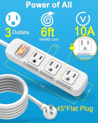 Power Strip Surge Protector with Switch, 3 Outlets, 6ft Extension Cord, 300J, 1250W, Flat Plug, Child Safety Slide Outlet Covers, SGS Approved in Saudi Arabia
