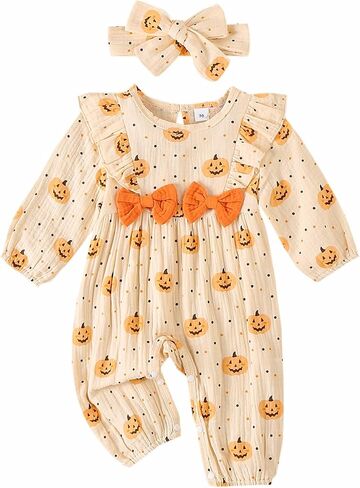 Newborn Baby Girl Halloween Clothes Puff Sleeve Cotton Linen Ruffle Pumpkin Print Jumpsuit Fall One Piece Outfits in Saudi Arabia