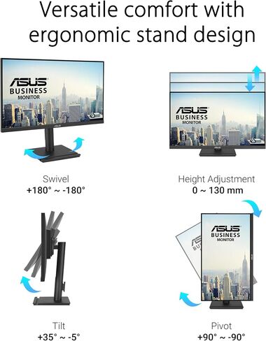ASUS 24" 1080P Business Monitor (VA24DQFS) - IPS, Frameless, 100Hz, 1ms, Adaptive-Sync, HDMI, DisplayPort, VGA, for Working and Gaming, Ergonomic Design, Blue Light Filter, Flicker Free, 3 yr warranty in Saudi Arabia