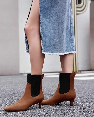 Coutgo Womens Ankle Boots Low Kitten Heel Pointed Toe Slip On Elastic Dressy Fall Winter Booties Shoes in Saudi Arabia