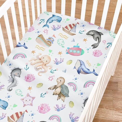 Colorful Sea Animals Rainbow Crib Sheets for Girls and Boys 52"x28" Whale Dolphin Turtle Sea Horse Corals Crib Fitted Sheet Soft Nursery Bed Sheets Fits Standard Crib and Toddler Bed Mattresses Blue in Saudi Arabia