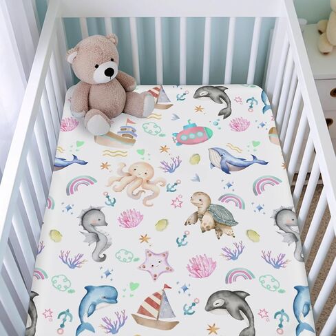 Colorful Sea Animals Rainbow Crib Sheets for Girls and Boys 52"x28" Whale Dolphin Turtle Sea Horse Corals Crib Fitted Sheet Soft Nursery Bed Sheets Fits Standard Crib and Toddler Bed Mattresses Blue in Saudi Arabia