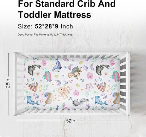 Colorful Sea Animals Rainbow Crib Sheets for Girls and Boys 52"x28" Whale Dolphin Turtle Sea Horse Corals Crib Fitted Sheet Soft Nursery Bed Sheets Fits Standard Crib and Toddler Bed Mattresses Blue in Saudi Arabia