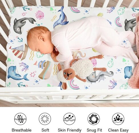Colorful Sea Animals Rainbow Crib Sheets for Girls and Boys 52"x28" Whale Dolphin Turtle Sea Horse Corals Crib Fitted Sheet Soft Nursery Bed Sheets Fits Standard Crib and Toddler Bed Mattresses Blue in Saudi Arabia
