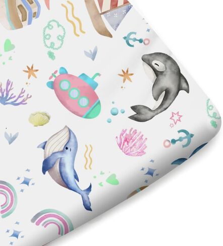 Colorful Sea Animals Rainbow Crib Sheets for Girls and Boys 52"x28" Whale Dolphin Turtle Sea Horse Corals Crib Fitted Sheet Soft Nursery Bed Sheets Fits Standard Crib and Toddler Bed Mattresses Blue in Saudi Arabia