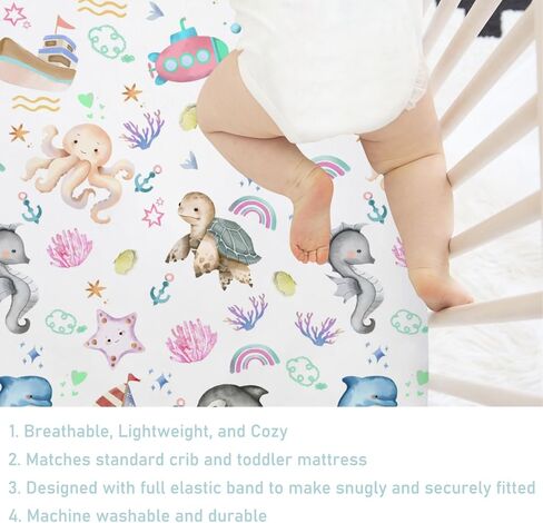 Colorful Sea Animals Rainbow Crib Sheets for Girls and Boys 52"x28" Whale Dolphin Turtle Sea Horse Corals Crib Fitted Sheet Soft Nursery Bed Sheets Fits Standard Crib and Toddler Bed Mattresses Blue in Saudi Arabia