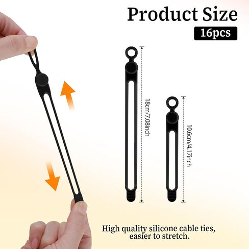 Molain Silicone Cable Ties, 16Pcs Reusable Cable Management Organizer Adjustable Cable Straps Elastic Cord Ties for Charging Cords Earphone Computer Wire Desk Travel Accessories(Black) in Saudi Arabia