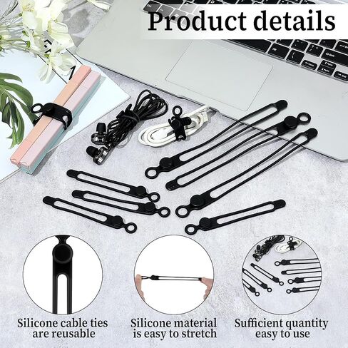 Molain Silicone Cable Ties, 16Pcs Reusable Cable Management Organizer Adjustable Cable Straps Elastic Cord Ties for Charging Cords Earphone Computer Wire Desk Travel Accessories(Black) in Saudi Arabia