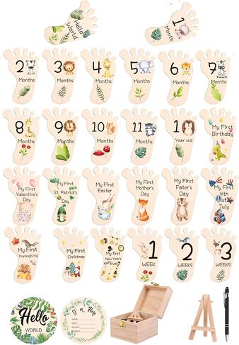 BKS 29Pcs Baby Cards for important moments in the shape of feet-Includes 1 Pcs Hello World Circular Newborn Sign with its pen and stand-Monthly Milestone wooden Baby Cards with assorted animals in Saudi Arabia