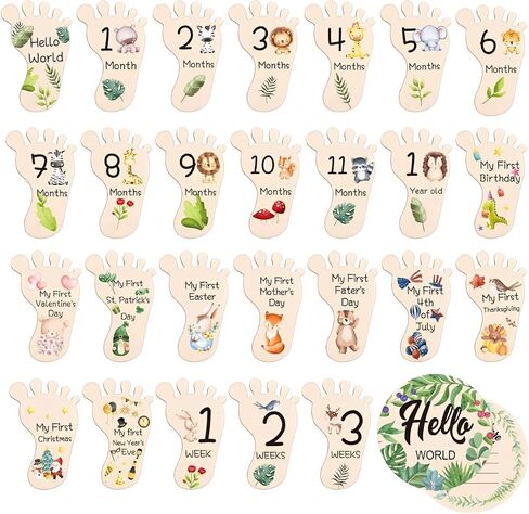 BKS 29Pcs Baby Cards for important moments in the shape of feet-Includes 1 Pcs Hello World Circular Newborn Sign with its pen and stand-Monthly Milestone wooden Baby Cards with assorted animals in Saudi Arabia