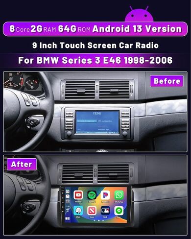 Hikity 2+64GB Android 13 Carplay Stereo لراديو BMW Series 3 E46 1998-2006، شاشة لمس 9 بوصة داخل لوحة القيادة مع نظام Apple Carplay اللاسلكي Android Auto، HiFi، WiFi، BT، FM، كاميرا احتياطية، أسود in Saudi Arabia