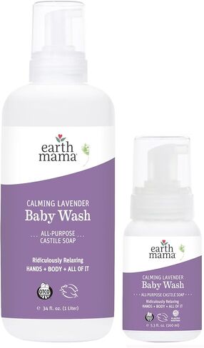 Earth Mama Calming Lavender Baby Wash Liquid Foaming Hand Soap Set, Organic All-Purpose Lavender Body Wash for Sensitive Skin, Castile Soap Coconut Oil, Calendula, & Aloe, 5.3Fl Oz & Liter Refill in Saudi Arabia