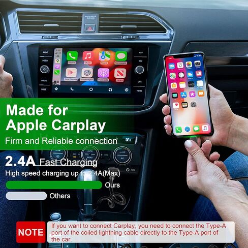 سلك شاحن سيارة iPhone ملفوف، قطعتان، متوافق مع Apple Carplay ومعتمد من MFi، كابل USB قصير إلى Lightning مع نقل البيانات وLED، شاحن iPhone قابل للسحب لأجهزة iPhone/Pad/Pod in Kuwait