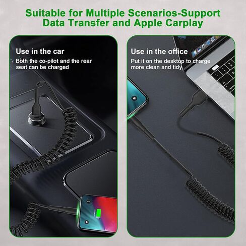 سلك شاحن سيارة iPhone ملفوف، قطعتان، متوافق مع Apple Carplay ومعتمد من MFi، كابل USB قصير إلى Lightning مع نقل البيانات وLED، شاحن iPhone قابل للسحب لأجهزة iPhone/Pad/Pod in Kuwait