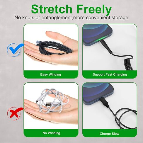 سلك شاحن سيارة iPhone ملفوف، قطعتان، متوافق مع Apple Carplay ومعتمد من MFi، كابل USB قصير إلى Lightning مع نقل البيانات وLED، شاحن iPhone قابل للسحب لأجهزة iPhone/Pad/Pod in Kuwait