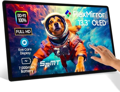 شاشة OLED 13.3 بوصة 1080 بكسل لاسلكية محمولة FHD DCI-P3 100%، 0.2 مللي ثانية، 700000:1، شاشة تعمل باللمس، مكبرات صوت ستريو رباعية، USB من النوع C، شاشة خارجية لمفتاح الهاتف الذكي للكمبيوتر المحمول مع بطارية 7000 مللي أمبير في الساعة in Saudi Arabia