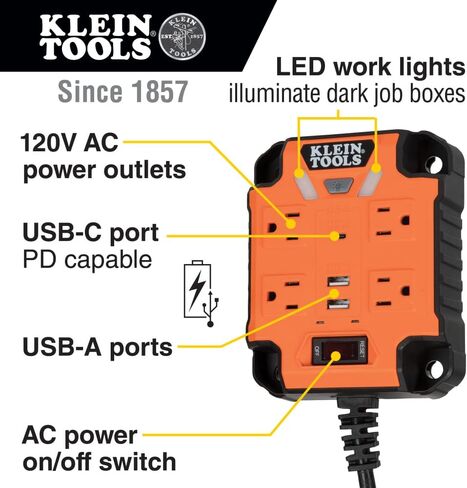 Klein Tools 29610 PowerHub, 6 Surge Protected Covered 15A Outlets, 5000 Lumen Work Light, 4 USB Ports, Built-in GFCI, Overcurrent Protection in Saudi Arabia