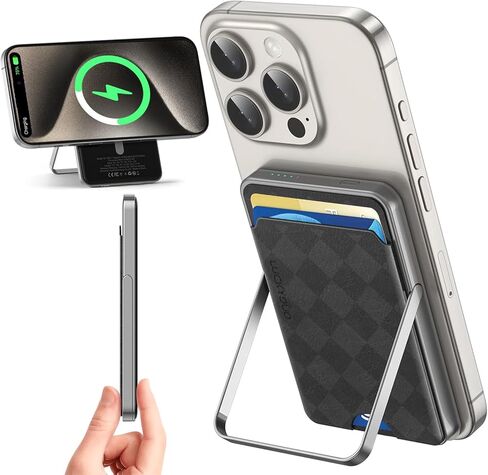 Wireless Portable Charger with Mag safe Wallet/Stand 5,000 mAh,Ultra Slim Mag-safe Battery Pack with Phone Holder,Compact Magnetic Power Bank Compatible with Magsafe iPhone 15/14/13/12 Grey in Saudi Arabia