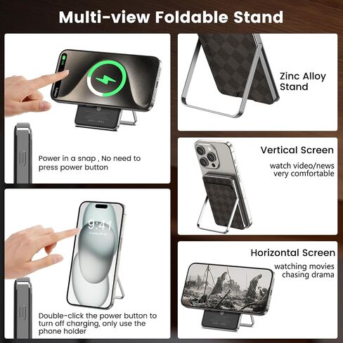 Wireless Portable Charger with Mag safe Wallet/Stand 5,000 mAh,Ultra Slim Mag-safe Battery Pack with Phone Holder,Compact Magnetic Power Bank Compatible with Magsafe iPhone 15/14/13/12 Grey in Saudi Arabia