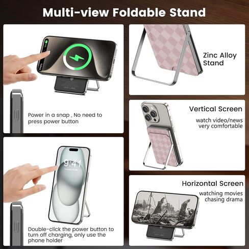 Wireless Portable Charger with Mag safe Wallet/Stand 5,000 mAh,Ultra Slim Mag-safe Battery Pack with Phone Holder,Compact Magnetic Power Bank Compatible with Magsafe iPhone 15/14/13/12 Grey in Kuwait