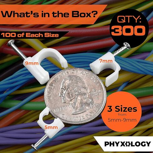 مشابك كابلات احترافية بأظافر فولاذية 5 مم، 7 مم، 9 مم، حاملات أسلاك ومسامير 100 لكل حجم. مشابك بلاستيكية متينة ومقاومة للأشعة فوق البنفسجية لتنظيم الأسلاك المحورية والإيثرنت وCat5 وCat6 وغيرها من الأسلاك. in Kuwait