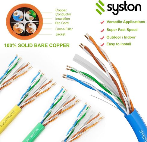كابل شبكة Cat 6A+ Ethernet، سلك نحاسي صلب 700 ميجاهرتز 23AWG خارجي/داخلي، لا ينتهي 100/250/500/1000 قدم متاح، تصنيف مقاوم للحرارة (100 قدم، CMR، أسود-CMR) in Kuwait