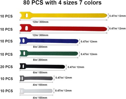 80PCS Reusable Fastening Cable Ties with Hook and Loop, Adjustable Cord organizer Ties for Computer/TV/Electronics, 4 Sizes 4/6/8/12 inch and 7 Colors in Kuwait