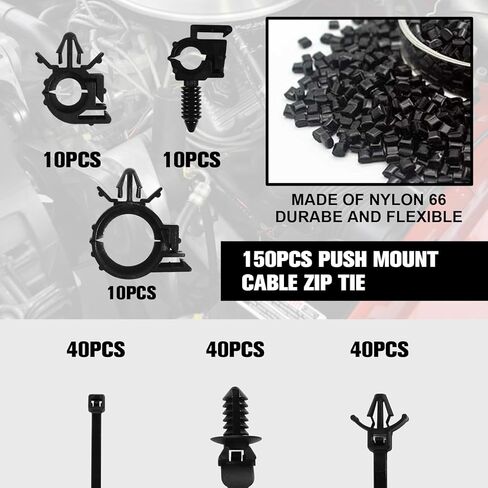 150 قطعة من مشابك توجيه نول سلك السيارة، ربطة عنق بسحاب لكابل التثبيت بالدفع، مشبك تثبيت الدفع التلقائي، دبوس دفع من النايلون عالي التحمل، 3 أربطة كابل تثبيت بالدفع بأحجام مختلفة، استبدال لـ GM 12040984 in Kuwait