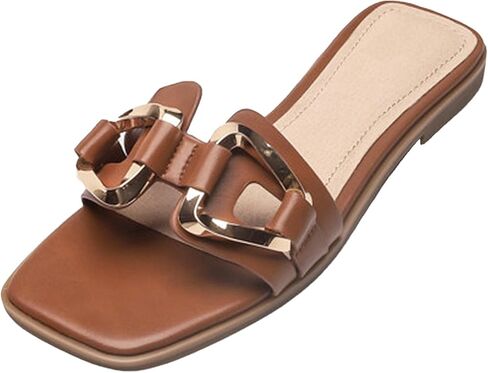 Women's Metal Chain Open Square Toe Slide Sandals Summer Casual Comfortable Slip On Flat Sandals Beach Slippers in Saudi Arabia