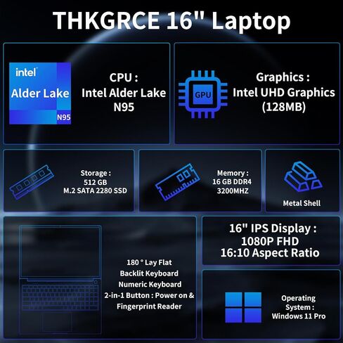Laptop Computer, Quad-Core N95 Processor(Up to 3.4GHz), 16GB DDR4 512GB SSD, 16“ Laptop with Fingerprint Reader, Full Function Type-C, Metal Shell, 180° Open Angle, 5GWi-Fi, BT4.2 in Saudi Arabia