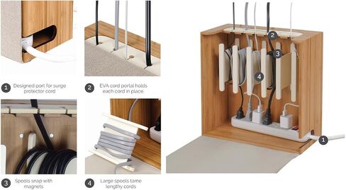 G.U.S. Cord Corral and Cable Organizer with 6-Magnetically Secured Cord Spindles -Zen Collection, Made of Eco-Friendly Bamboo with 8 A/C + 3-Port USB Power Strip in Saudi Arabia
