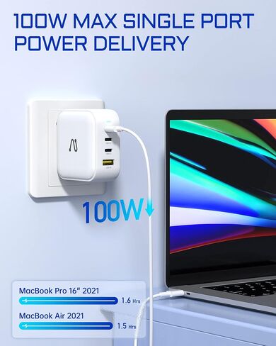 100W USB C Charger, 4-Port GaN PD PPS Fast USB Wall Charger Block, Portable Foldable Multiple Ports Power Adapter for Macbook, Laptop, iPad, iPhone, Samsung, and More-White in Saudi Arabia