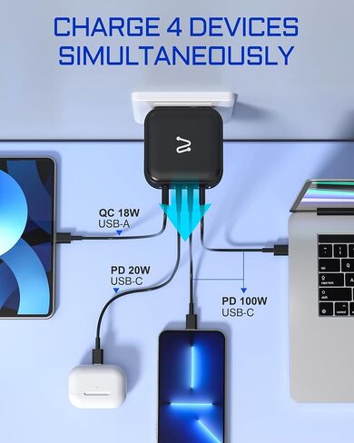 100W USB C Charger, 4-Port GaN PD PPS Fast USB Wall Charger Block, Portable Foldable Multiple Ports Power Adapter for Macbook, Laptop, iPad, iPhone, Samsung, and More-White in Saudi Arabia